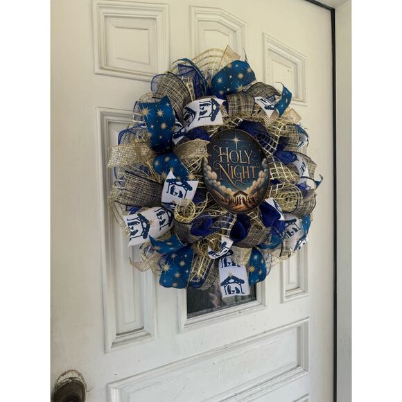 Holy Night Nativity Wreath Christmas Door Decor | Blue and Gold Holiday Wreath - Picture 7 of 9